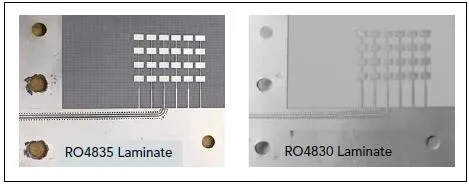 图4、加工在RO4835和RO4830层压板上的串联馈电微带贴片阵列