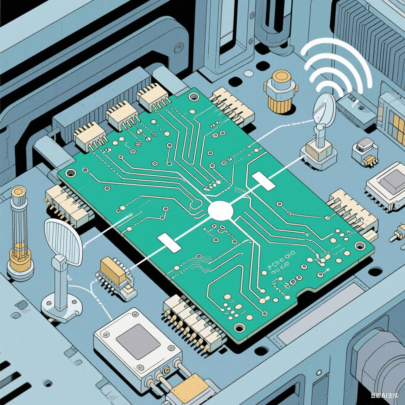 高频通信设备中 PCB 陶瓷电路板的工作示意图，显示电路板上的高频信号传输路径，周围有微波器件、天线等元件