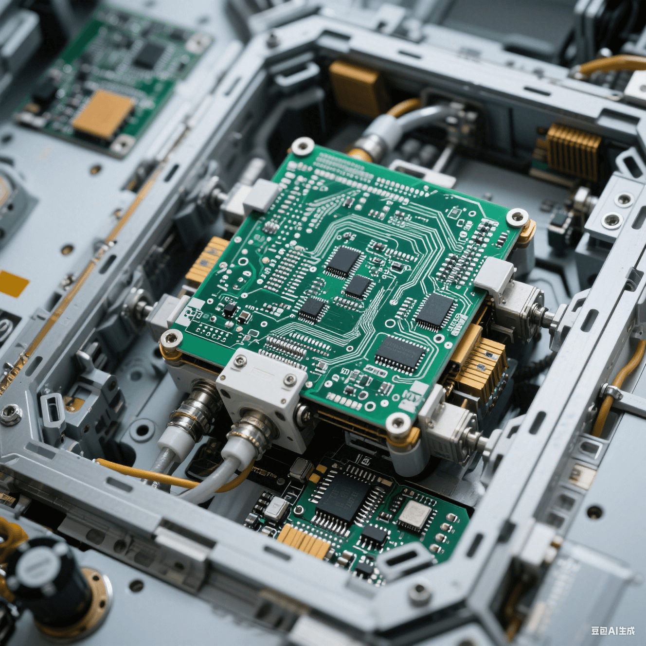 航空航天领域中使用的 PCB 陶瓷电路板图片，展示其在卫星星载电子设备中的安装方式