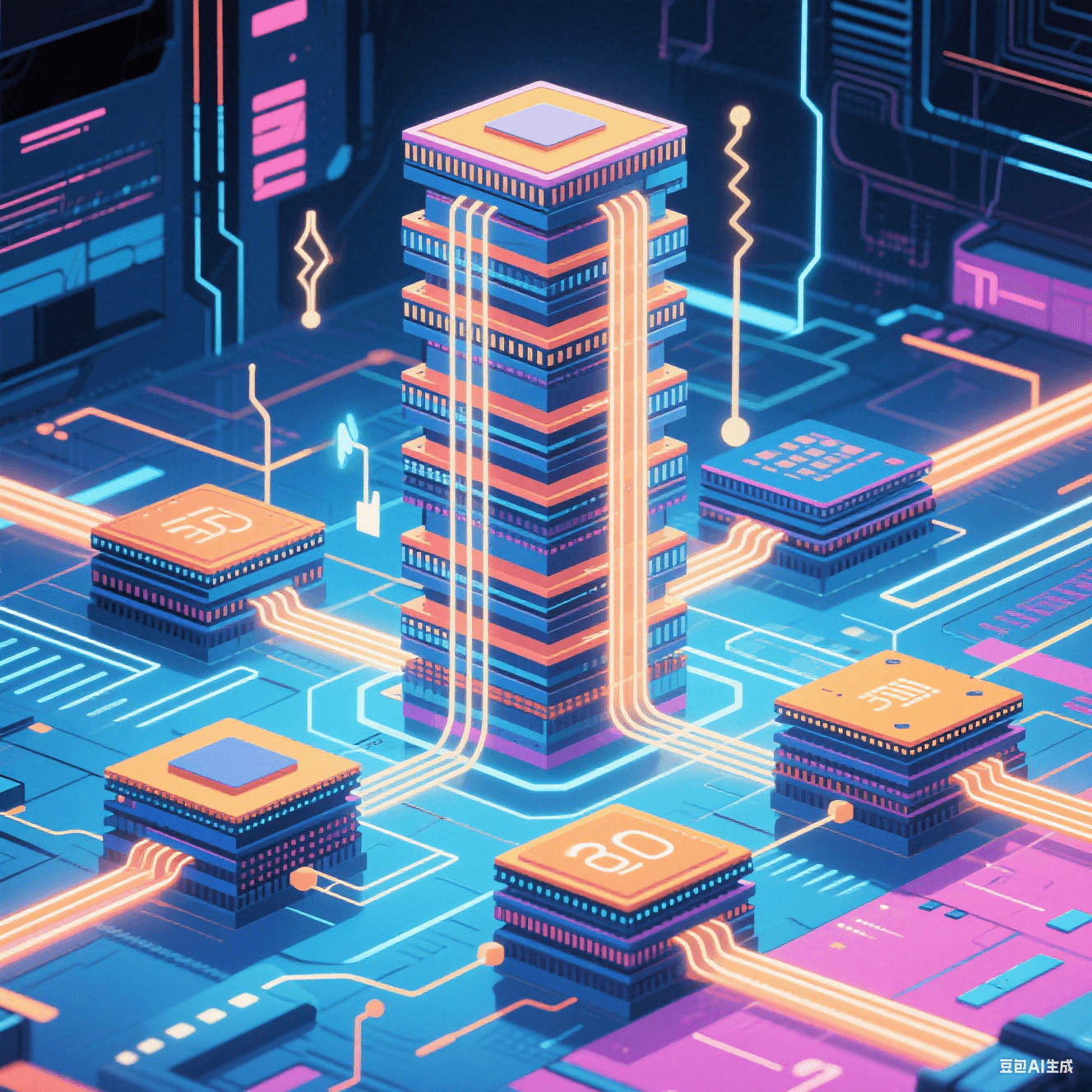 3D 封装技术示意图，多芯片堆叠通过 TSV 硅通孔互连，搭配微通道散热结构，呈现 Chiplet 异构集成场景。