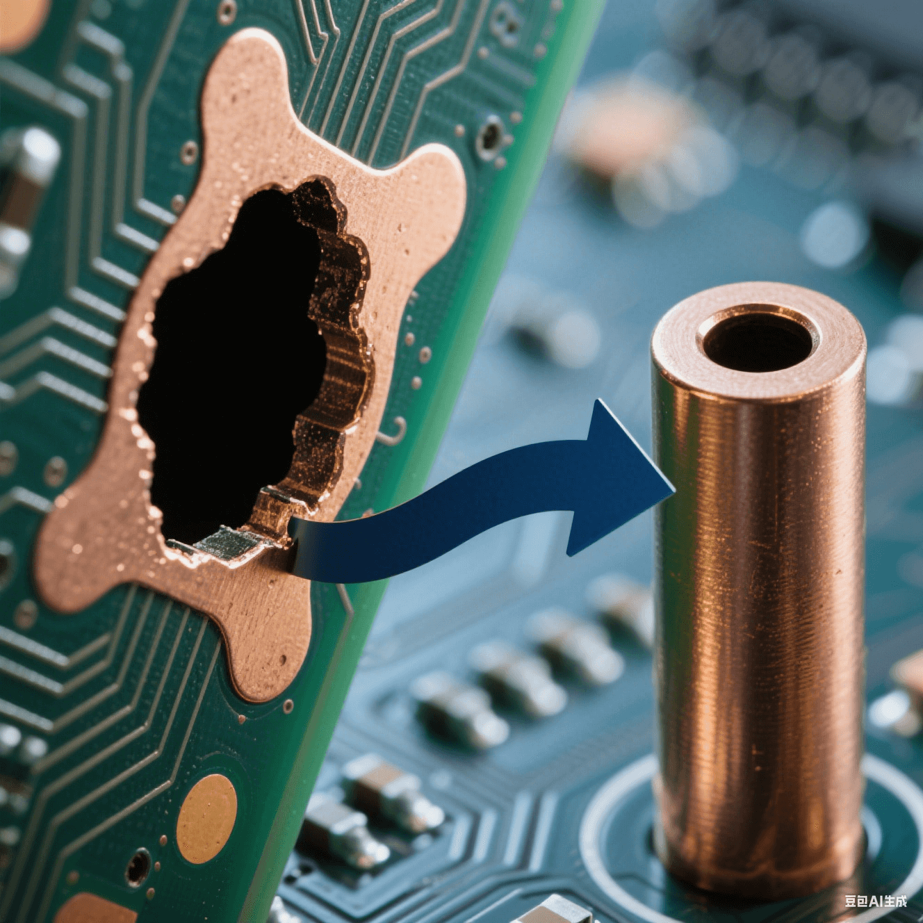 深径比 101 的 PCB 盲孔显微特写，左侧孔口 “狗骨” 凸起与中部空洞缺陷，右侧对比均匀铜填充柱体，深蓝背景中镀液循环箭头呈现孔口堵塞与孔内畅通的动态反差。