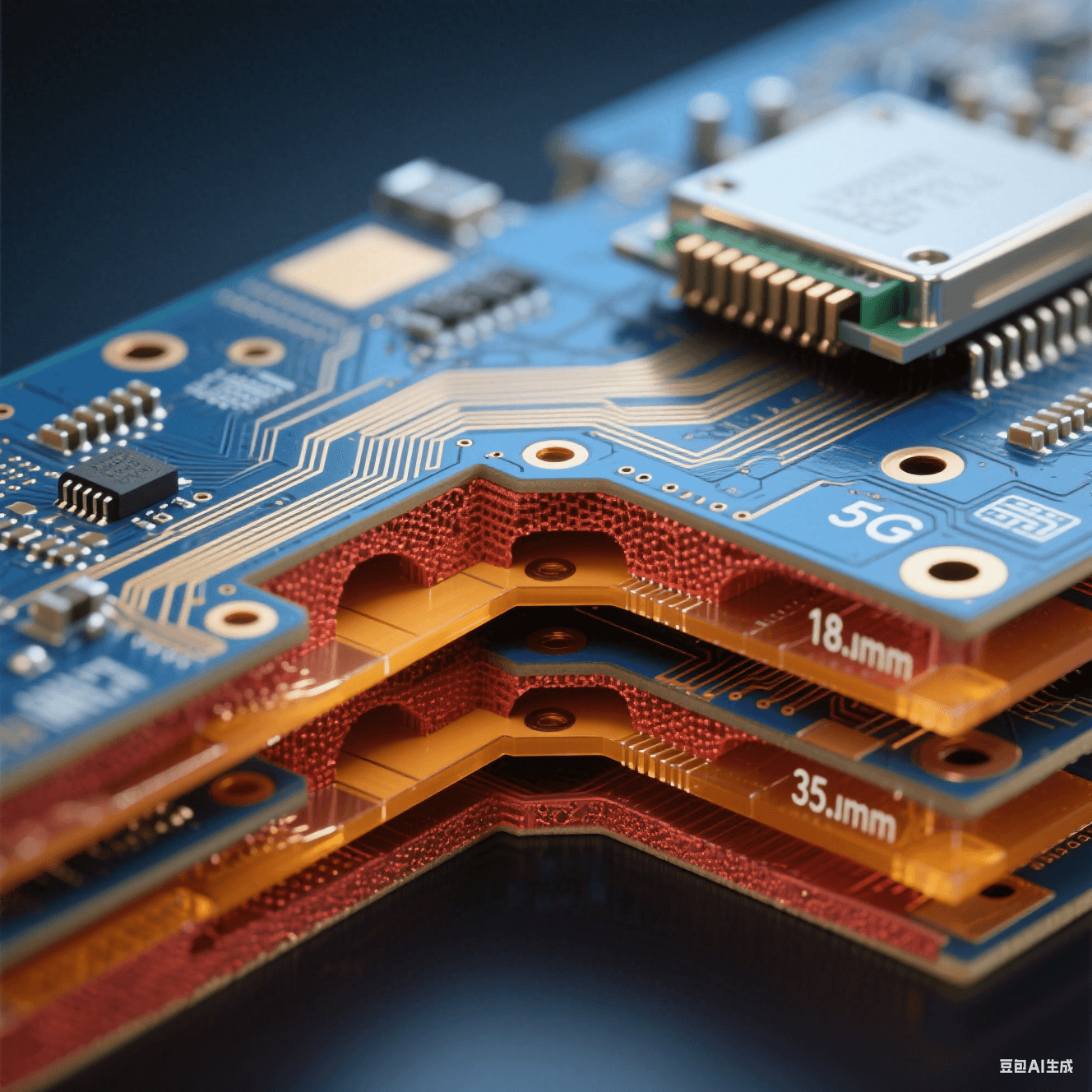 8层PCB剖面结构展示信号层、电源层与地层堆叠