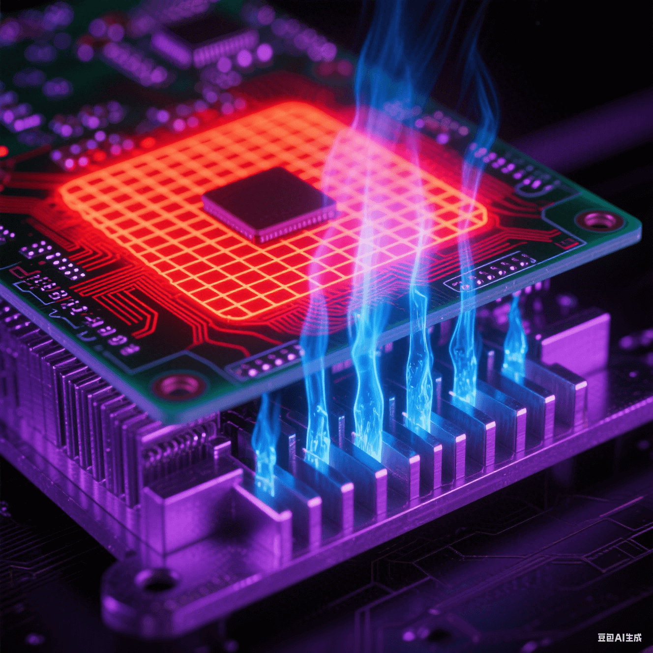 红外视角PCB亮红色高温区，蓝色柱状热过孔贯穿连接底部散热鳍片，铝基板泛金属冷光，热蒸汽在紫黑背景上升