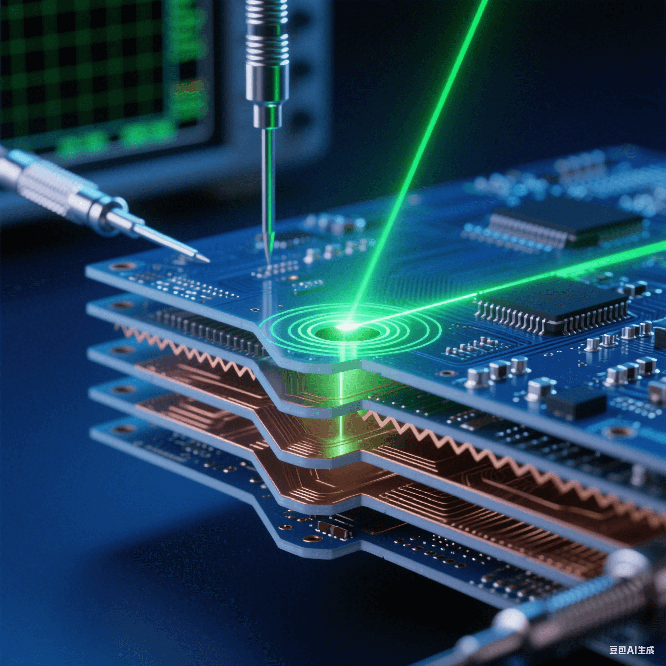 透明多层PCB剖面锯齿铜层结构，绿色激光在过孔处反射形成漩涡，银色探针接触测试点，钴蓝背景虚化示波网格