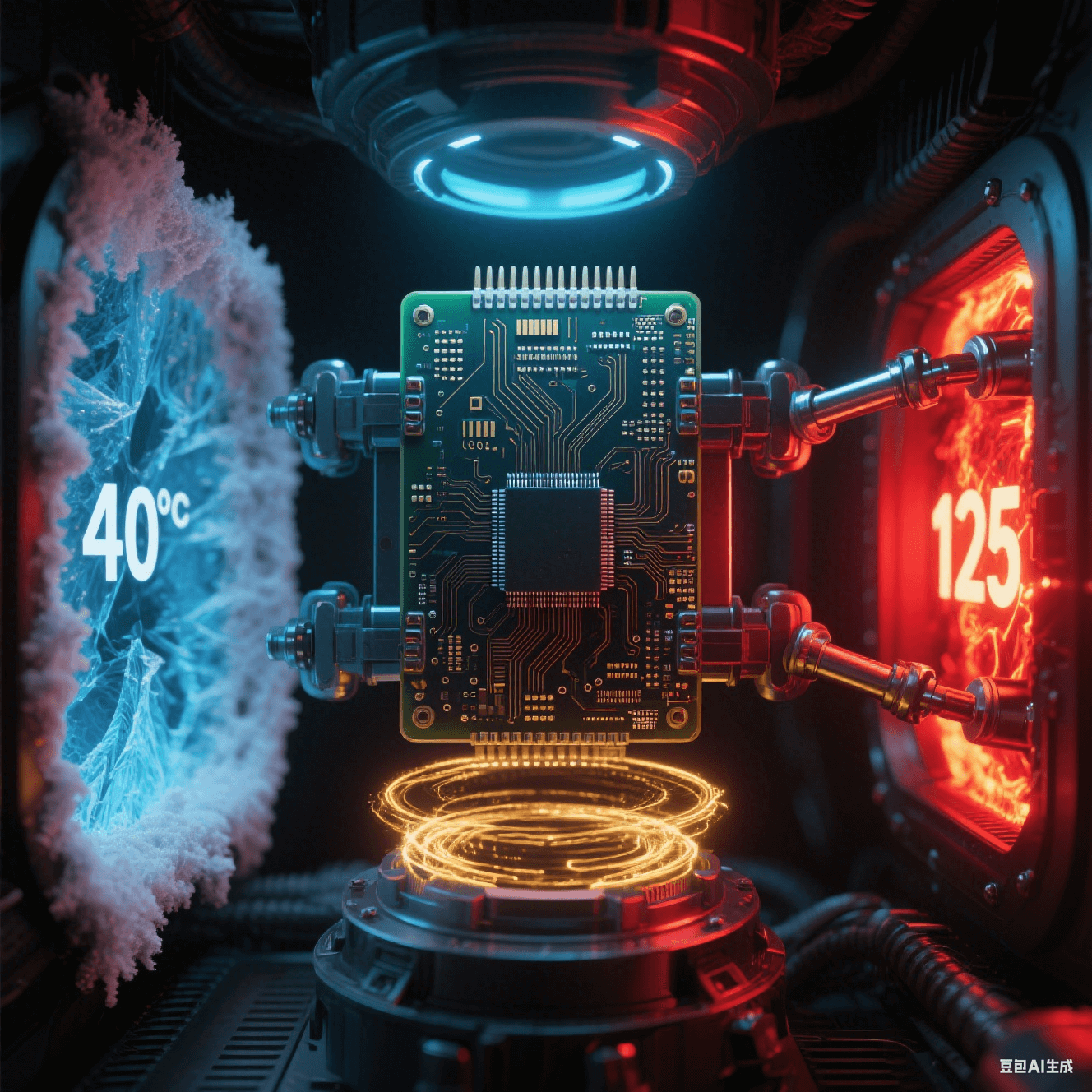 电路板极端环境测试舱 - 左侧 - 40℃冰蓝色结霜区域 - 右侧 125℃炽热发红焊点 - 中央板体机械振动 - 应力释放槽周围金色能量涟漪 - 全黑背景红光蓝光照明