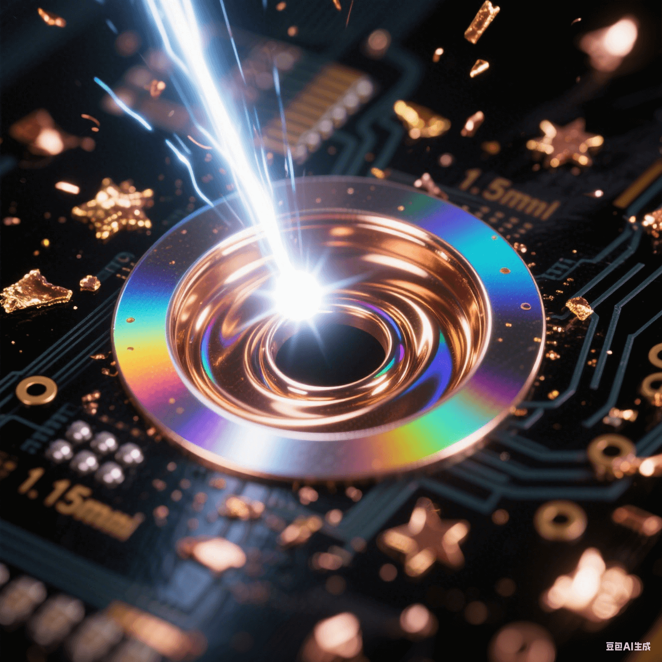激光钻孔微距视角 - 紫外激光束聚焦 0.15mm 孔径 - 炽白能量光斑 - 孔壁镜面抛光反射七彩虹光 - 深空黑背景 - 金色铜屑星尘 - 孔内化学镀铜液液态金属漩涡