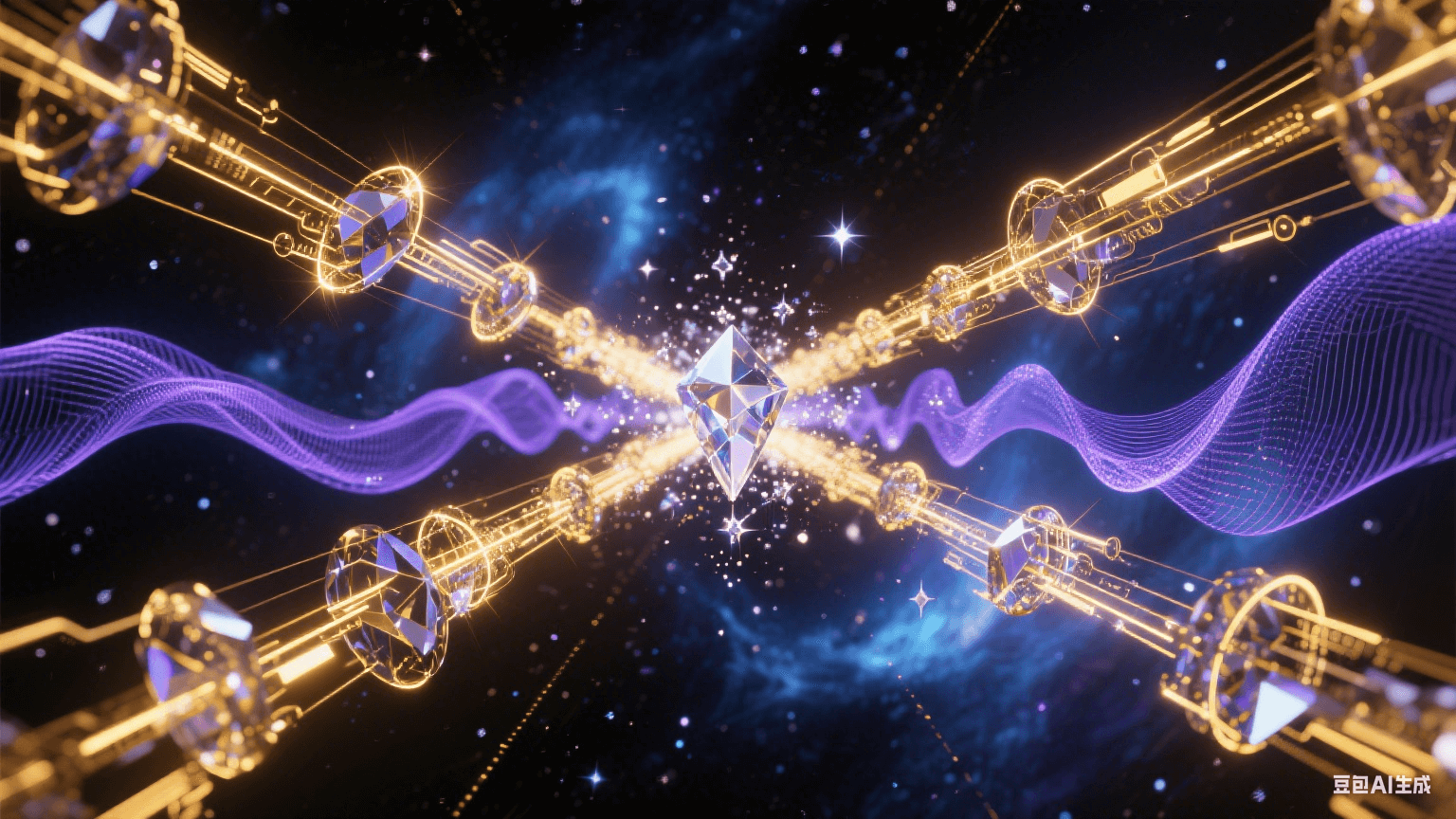 相位稳定抽象科技艺术：水晶状信号波束在暗宇宙精准同步，黄金色电磁轨道平行延伸，蓝紫色相位波纹稳定扩散，背景为量子蓝与暗物质黑渐变星云，光束交汇处有钻石星尘特效