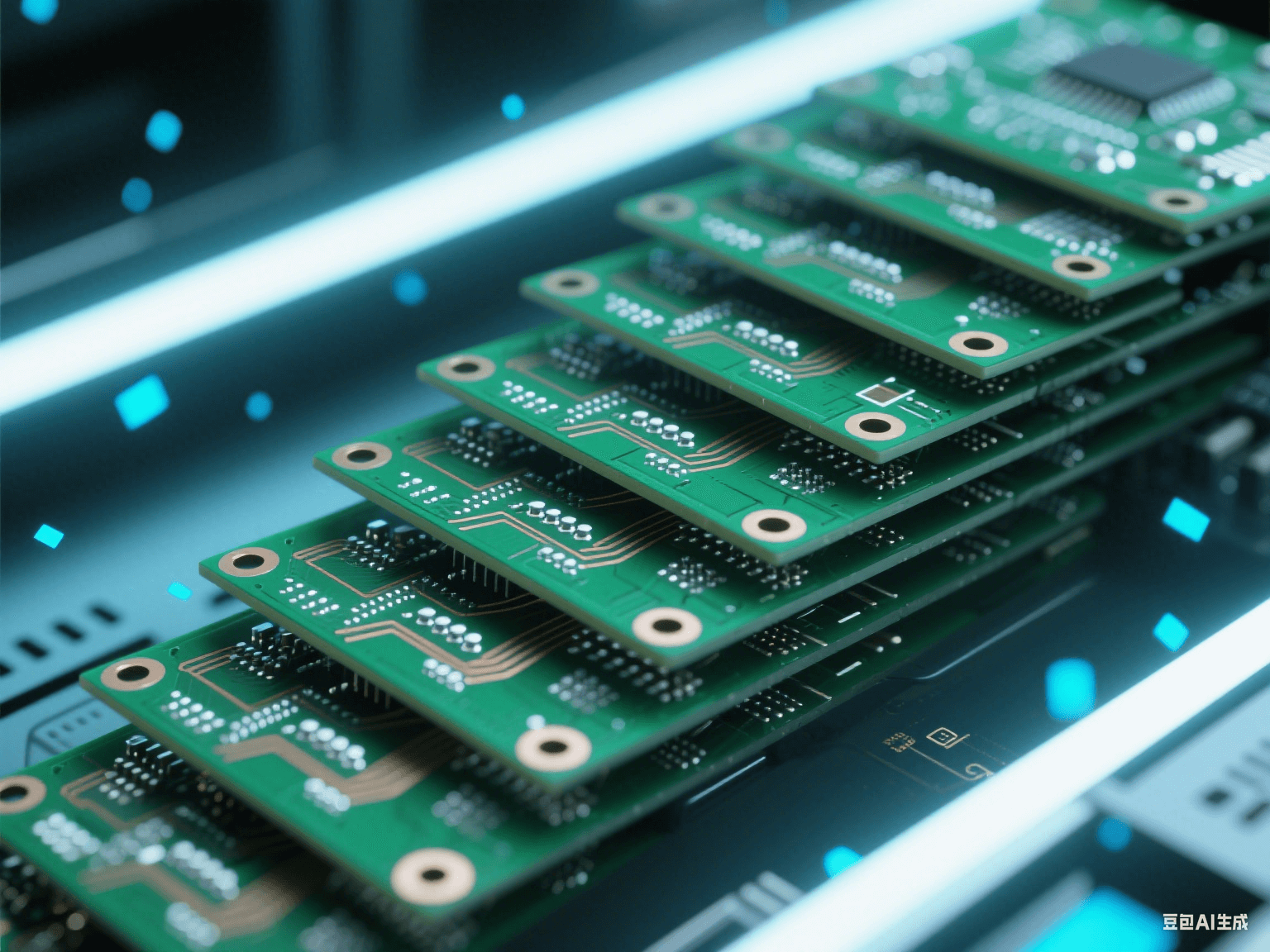 5G 基站内部电路板局部，多块 PCB 阶梯状堆叠，带银白色焊点与铜色走线，冷光下显科技感
