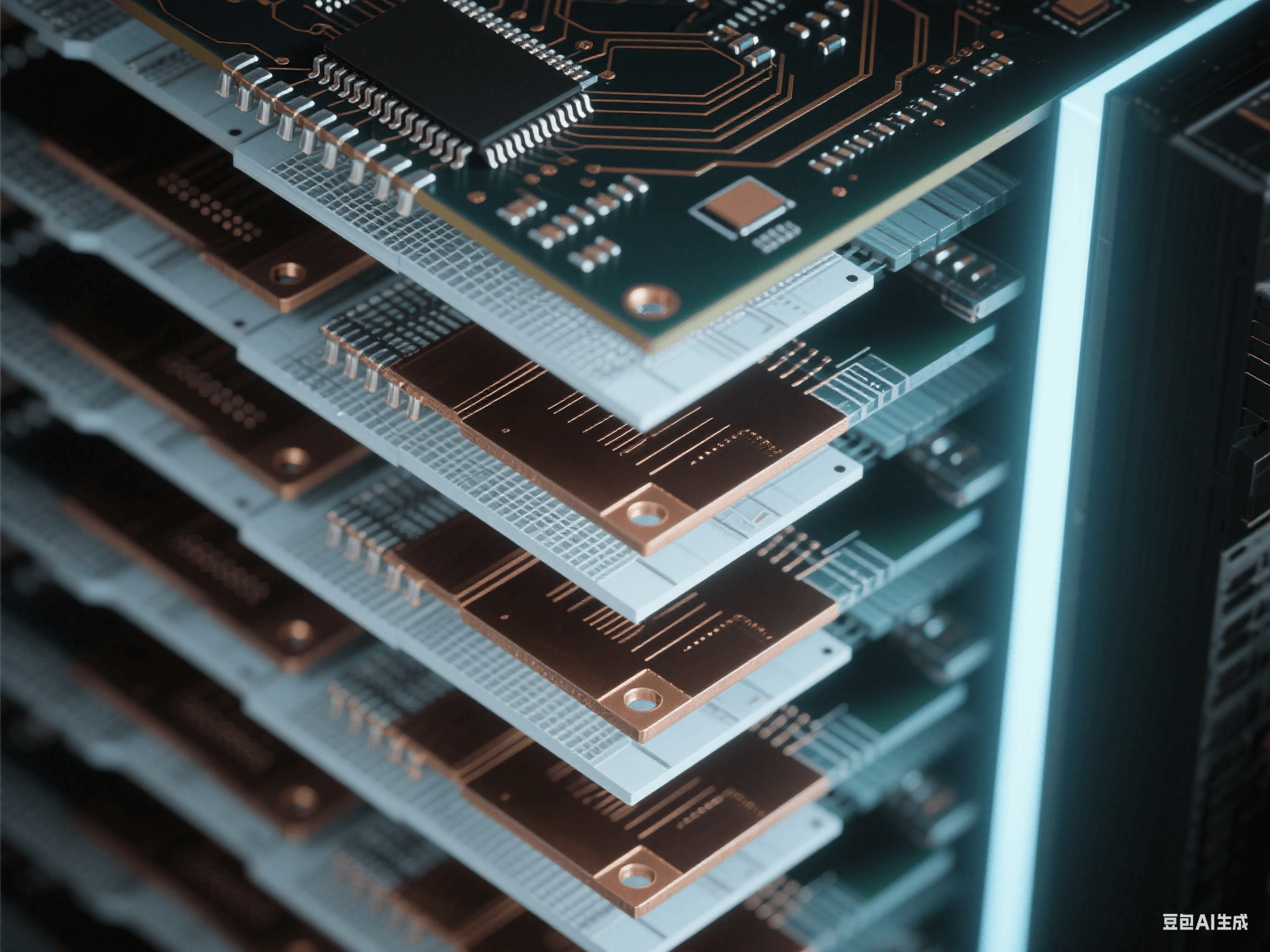 工业控制设备多层 PCB 垂直截面，8 层深浅交替结构，带倾斜金属化通孔，冷光下显工业科技氛围