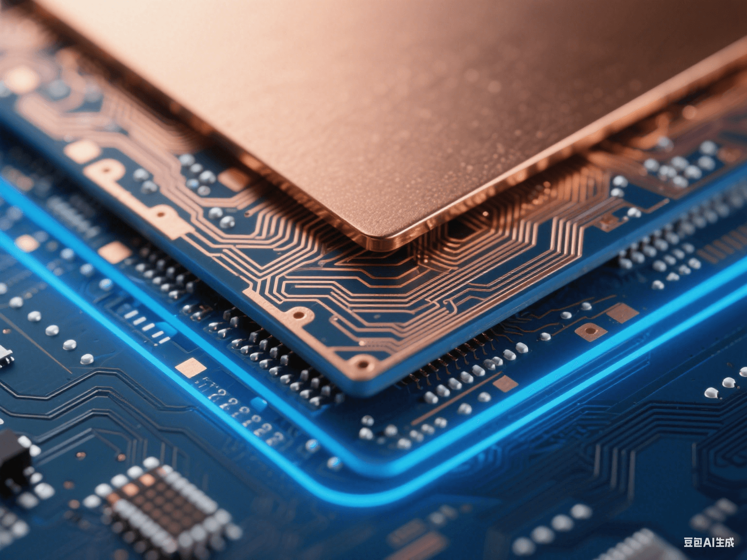 高速电路 PCB 信号层与电源层叠合，铜层带细密走线，蓝色背光下边缘发光，显层间结构