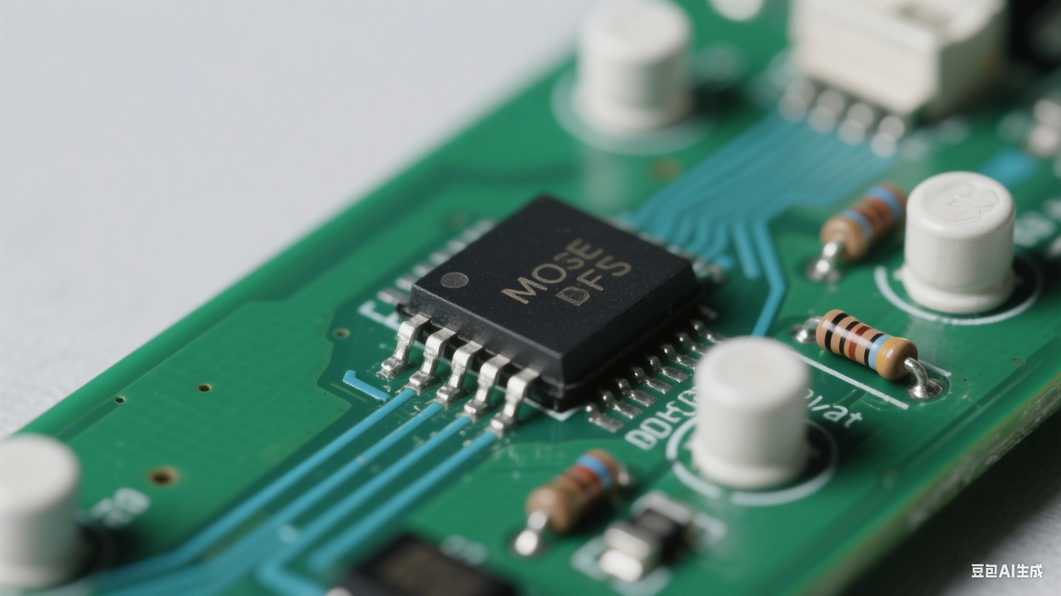 多层 PCB 剖面：深绿基材与银灰电源 / 接地层交替，超短回路连接 SiC 管与电容，密集镀银散热过孔，冷白光下显紧凑高效