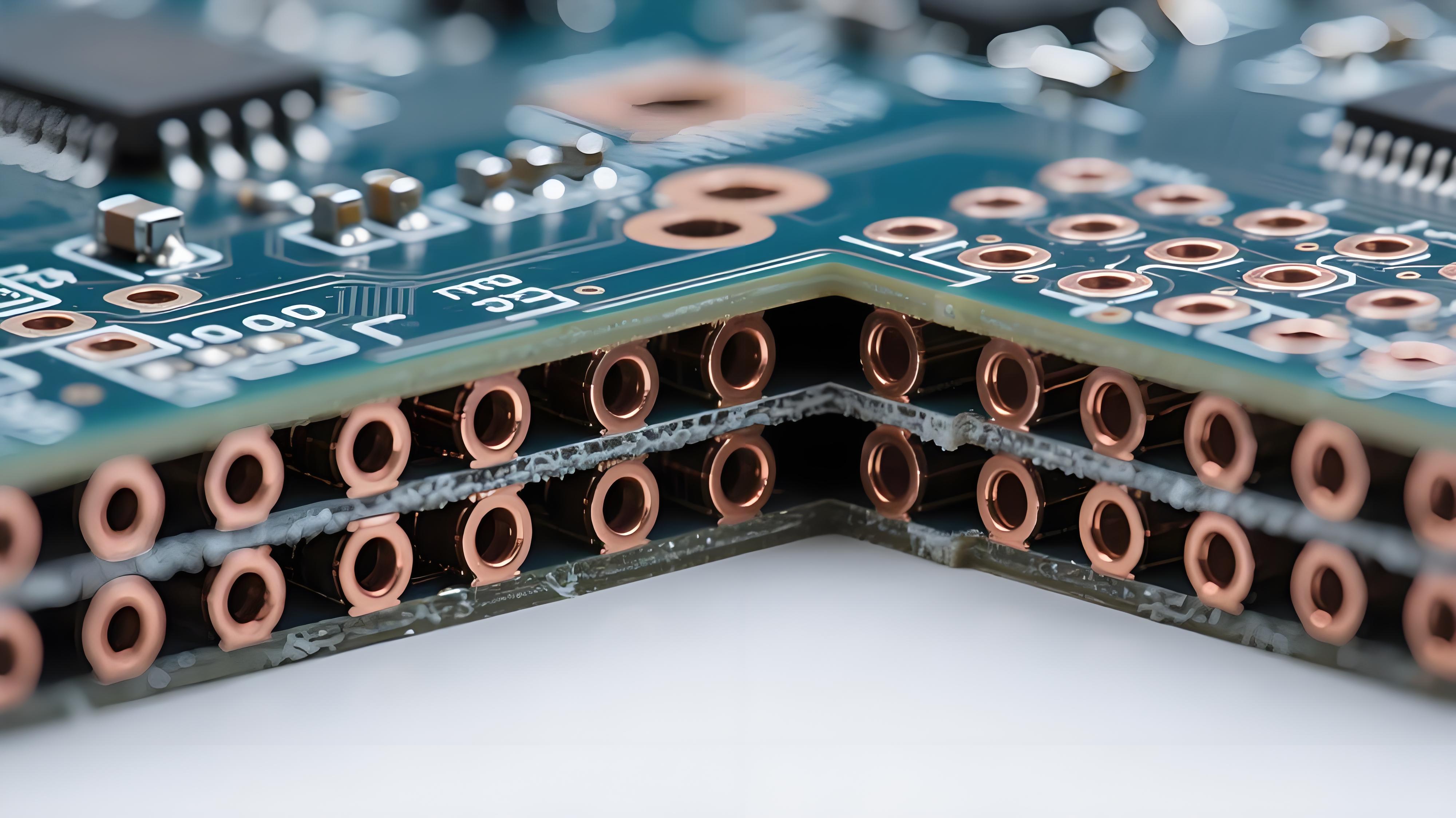 PCB散热通孔阵列显微切片横截面，展示内部铜填充结构