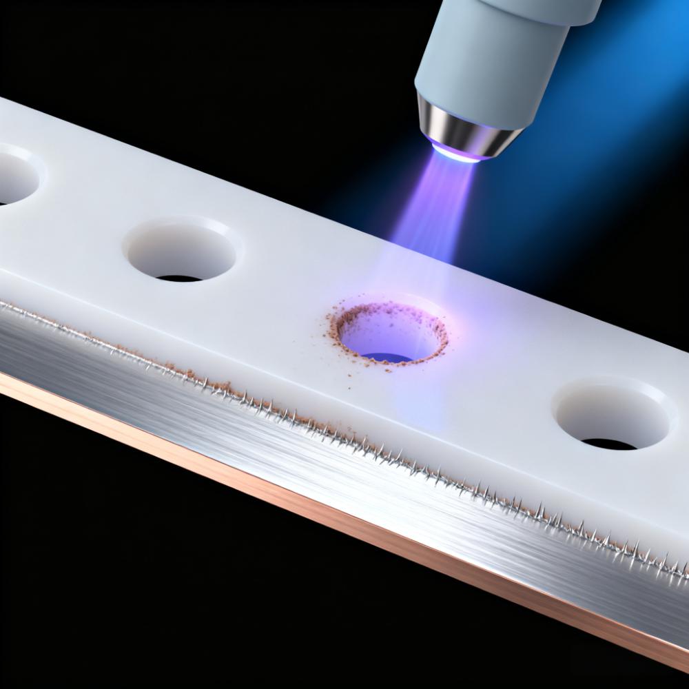 PTFE PCB钻孔后等离子体去钻污场景，淡紫色等离子体去除孔壁残留钻污