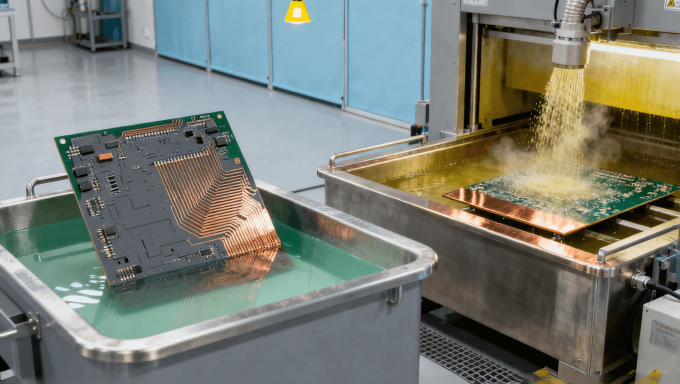 汽车电子高端PCB的mSAP工艺制造场景，展示电镀槽、差分蚀刻设备及PCB基板，车规级PCB生产环境