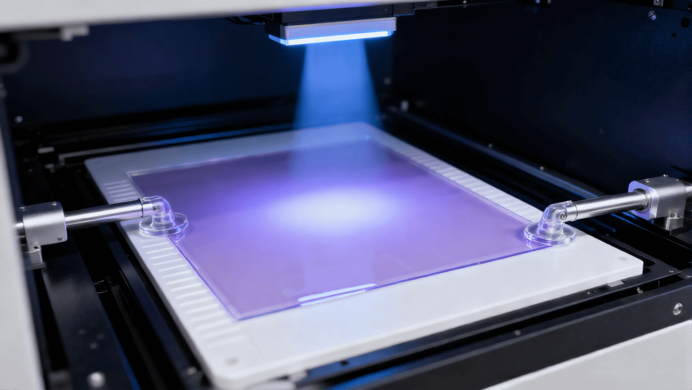 PCB改良型半加成法mSAP工艺光刻显影环节，展示卧式光刻设备、透明PI基板、淡紫色光刻胶及紫外光，高端PCB光刻场景