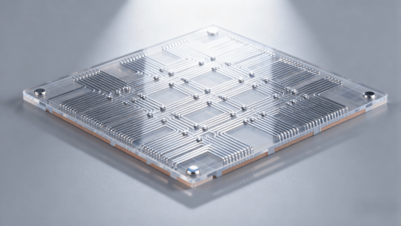 Mini LED驱动板mSAP工艺精细线路特写，展示透明PCB基板与银铜色细密线路，高端PCB线路细节图