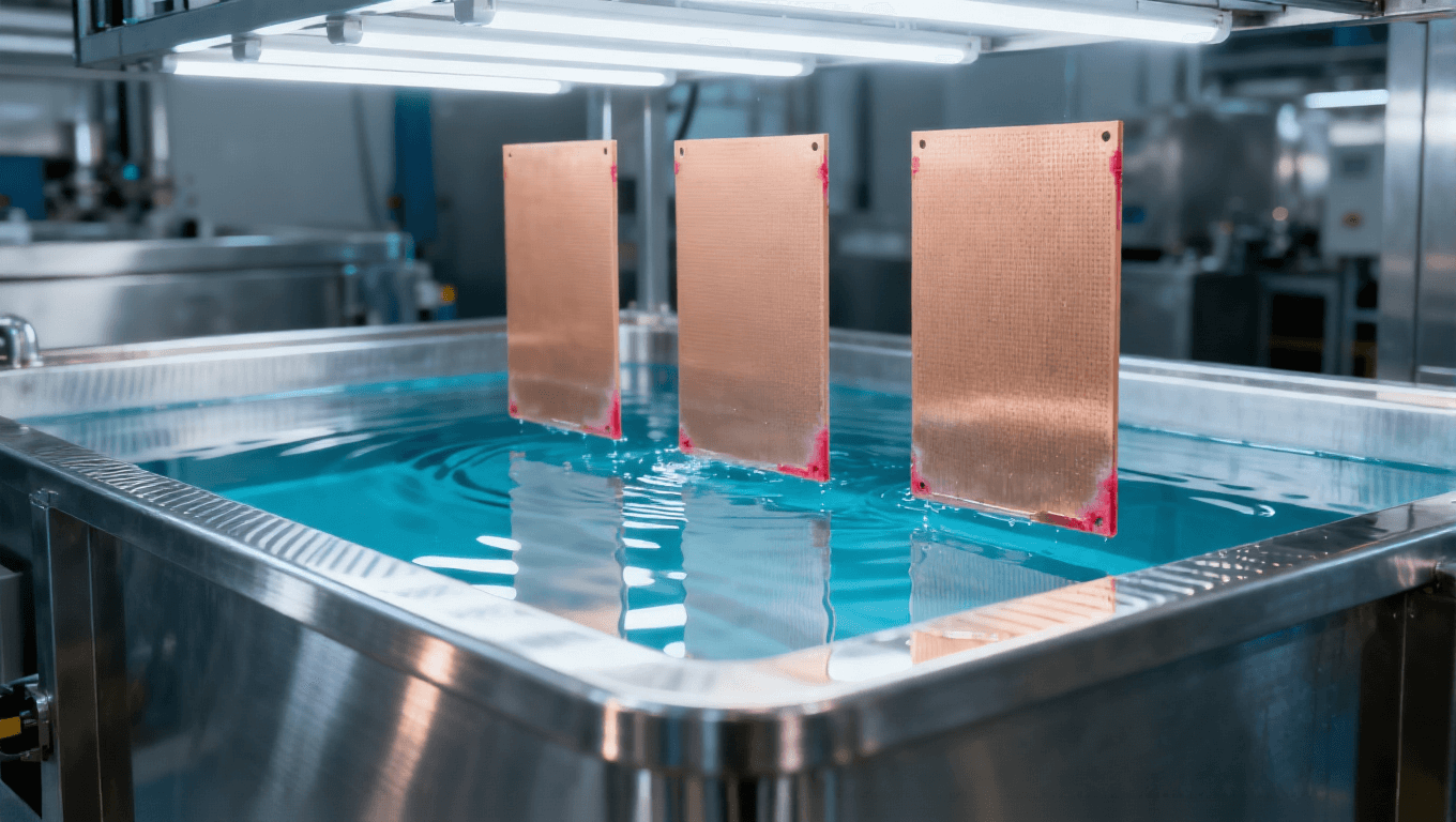 PCB半加成法SAP工艺化学镀铜工序场景，展示立式银灰色金属镀铜槽、透明蓝色镀液及FR-4基板，高端PCB制造车间环境