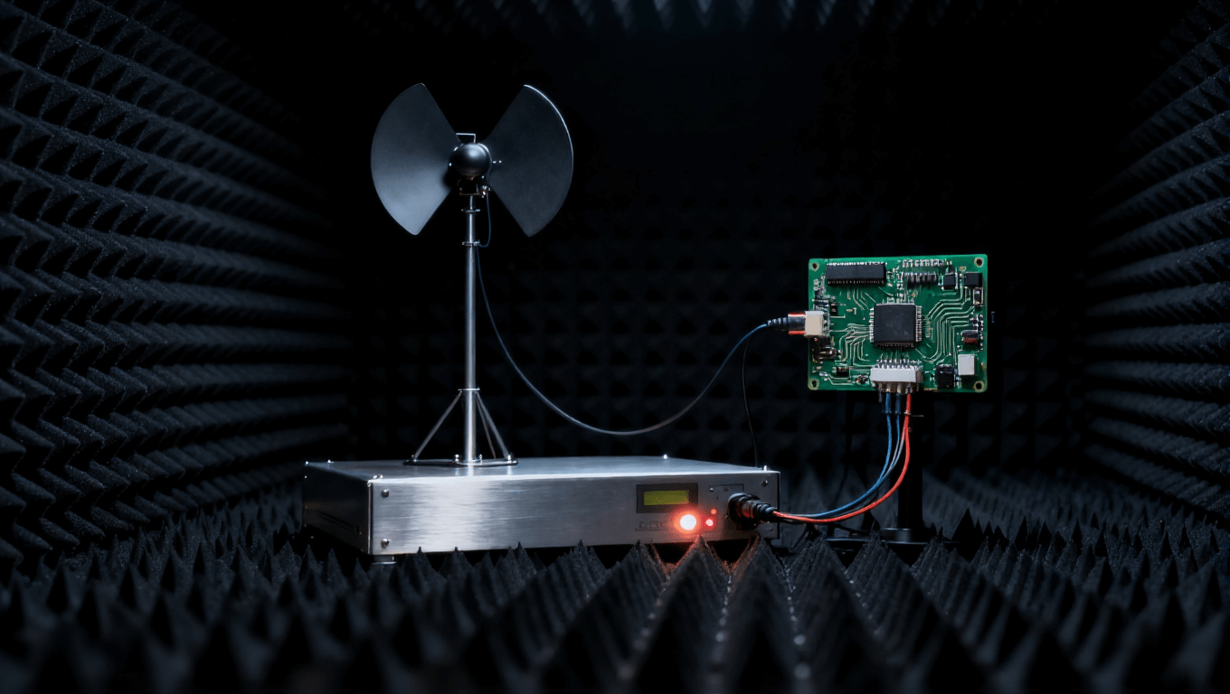 电路板电磁兼容性测试场景，在屏蔽暗室中评估辐射发射与抗干扰能力