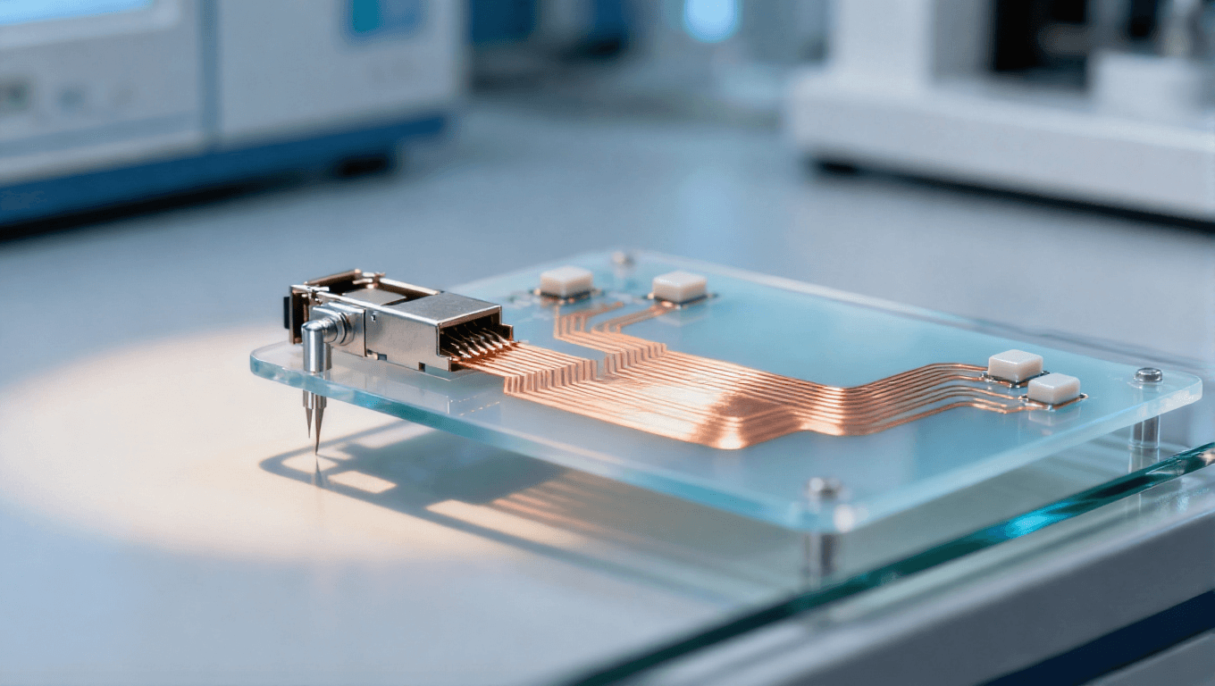 实验室测试光模块 PCB 淡蓝色低 Dk 基材 浅橙色铜箔线路 金属测试探针 电子测试场景 冷光光影 实验室测试光模块 PCB 淡蓝色低 Dk 基材 浅橙色铜箔线路 金属测试探针 电子测试场景 冷光光影