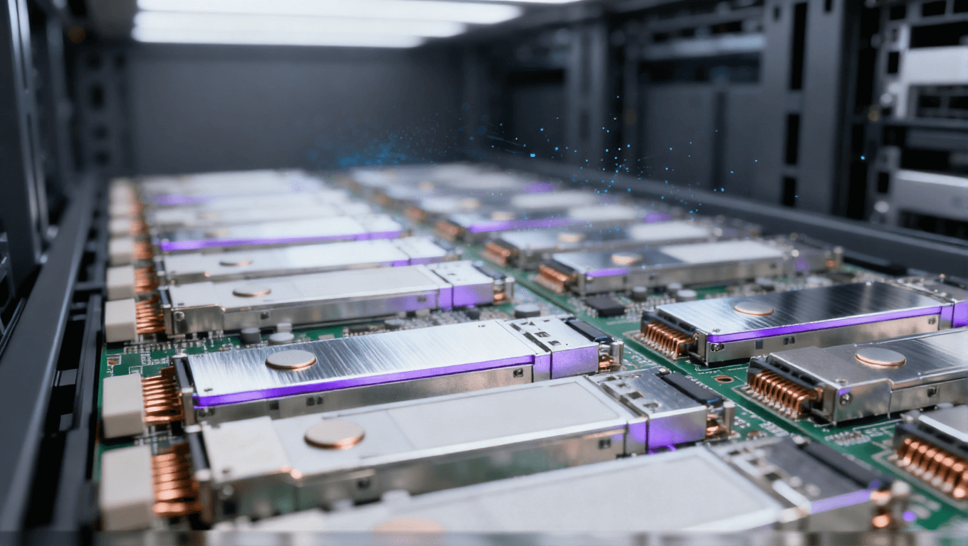 数据中心光模块 PCB 组件 服务器机柜场景 银色散热片 淡紫色信号光效 光通信设备 冷色调科技氛围 数据中心光模块 PCB 组件 服务器机柜场景 银色散热片 淡紫色信号光效 光通信设备 冷色调科技氛围