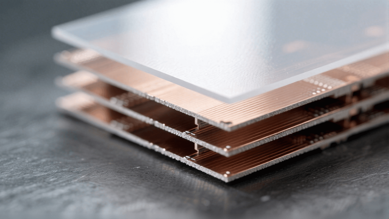 光模块PCB材料层压工艺特写 半透明淡灰介电层 银铜色铜箔层 冷白顶光 电子制造工艺 微观质感 光模块PCB材料层压工艺特写 半透明淡灰介电层 银铜色铜箔层 冷白顶光 电子制造工艺 微观质感