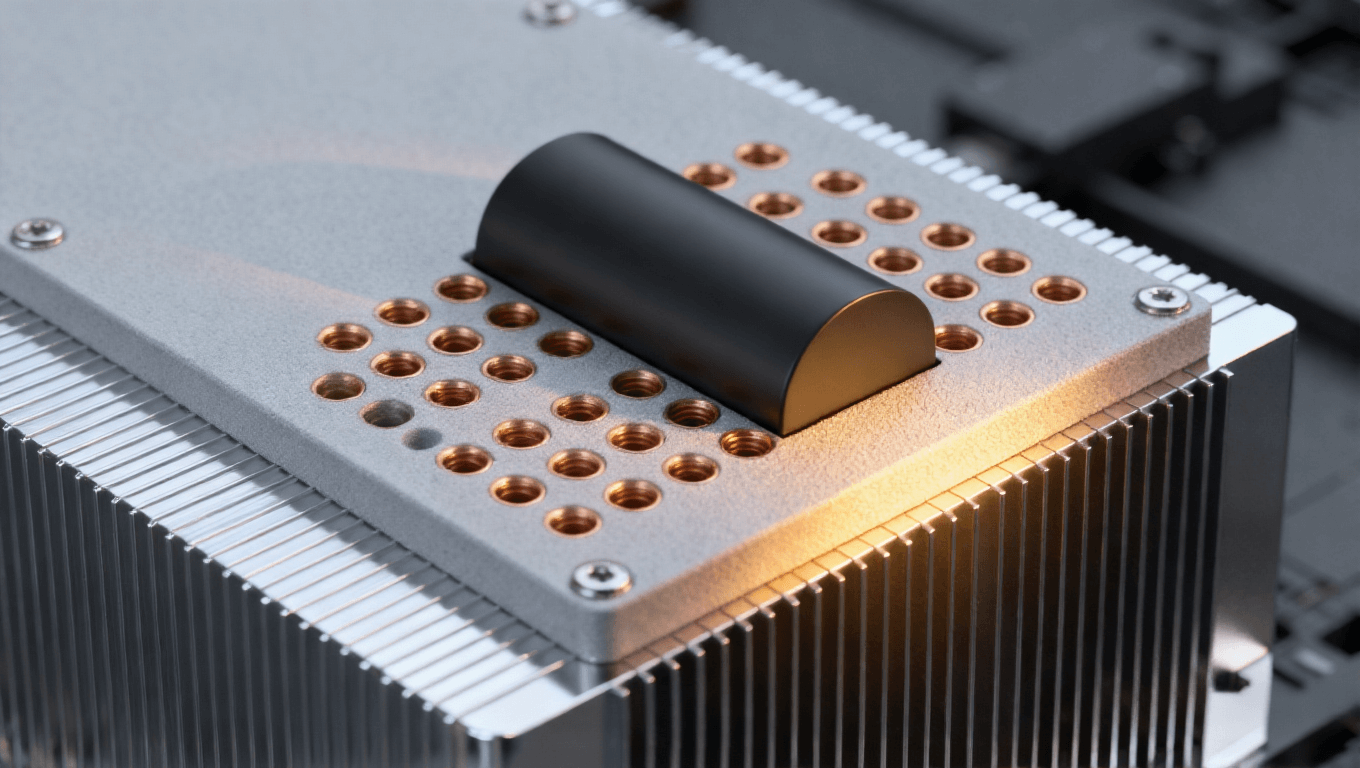 光模块PCB热管理结构特写 嵌入式黑色热管 铜色散热孔阵列 银色散热片 暖黄侧光 科技感 光模块PCB热管理结构特写 嵌入式黑色热管 铜色散热孔阵列 银色散热片 暖黄侧光 科技感