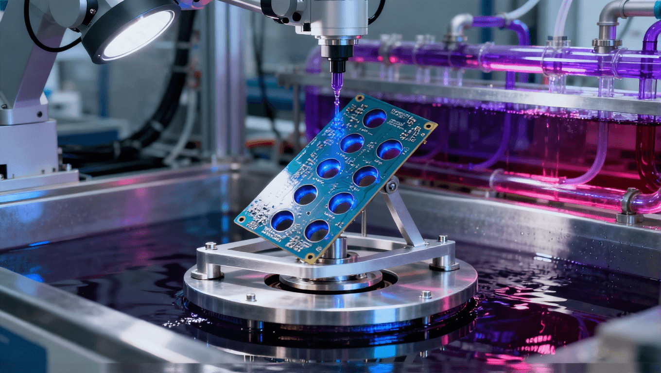 现代化实验室中的水平电镀设备特写，展示精密PCB电镀工艺  