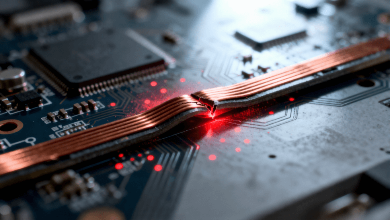 可折叠电路板铰链区应力集中与疲劳损伤示意图,揭示传统材料在反复折叠中的挑战 可折叠电路板铰链区应力集中与疲劳损伤示意图,揭示传统材料在反复折叠中的挑战