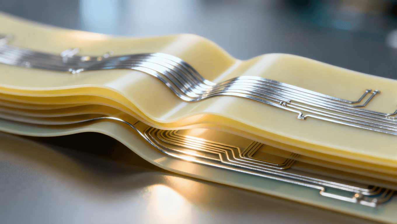 可折叠电路板内部结构剖面图,显示超弹性基板与柔性导体的集成设计 可折叠电路板内部结构剖面图,显示超弹性基板与柔性导体的集成设计