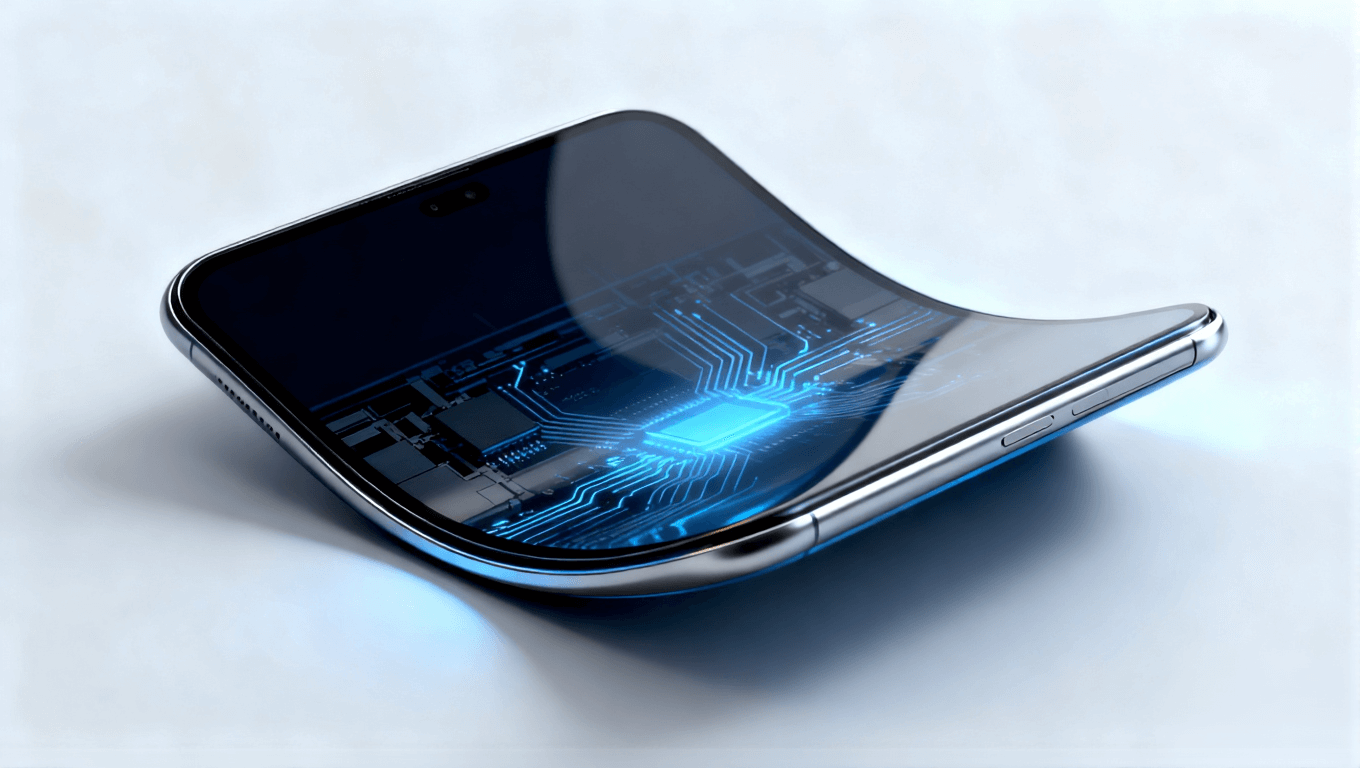 可折叠电子设备概念图,展示超弹性材料支撑的柔性电路与无缝折叠设计 可折叠电子设备概念图,展示超弹性材料支撑的柔性电路与无缝折叠设计