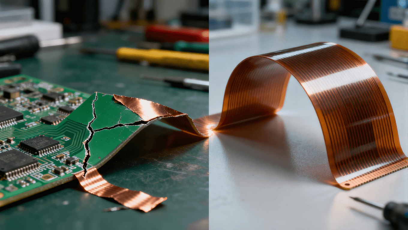 传统刚性电路板与超弹性柔性电路板弯折对比,凸显柔性电路在反复折叠下的耐用性 传统刚性电路板与超弹性柔性电路板弯折对比,凸显柔性电路在反复折叠下的耐用性