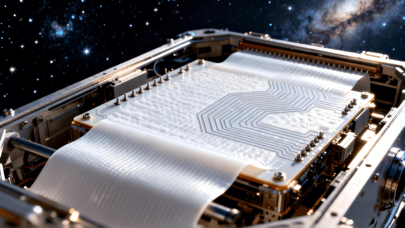 卫星载荷系统中的挠性电路板，强调 PTFE 材料的耐极端温度特性