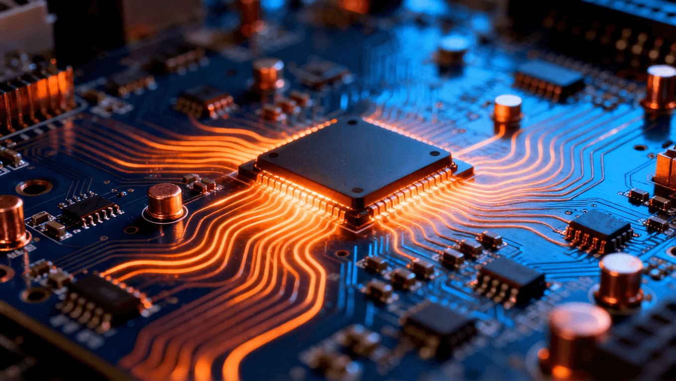 高科技电路板特写，铜线和微芯片发热光线，热传递动态效果，金属光泽，蓝色与橙色对比，柔和阴影
