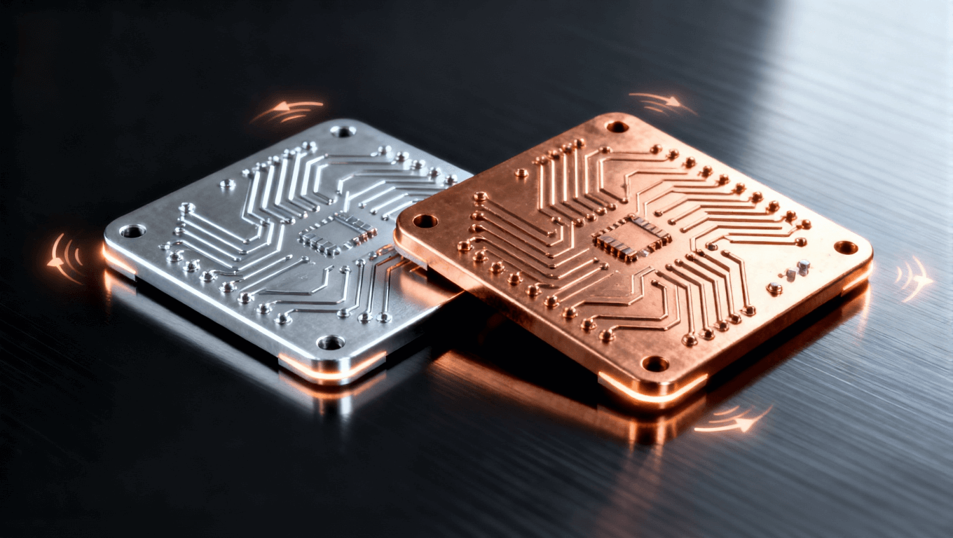 铝基与铜基电路板放置在光滑黑色表面上，反射光泽，细致的金属纹理，热流符号微光环绕