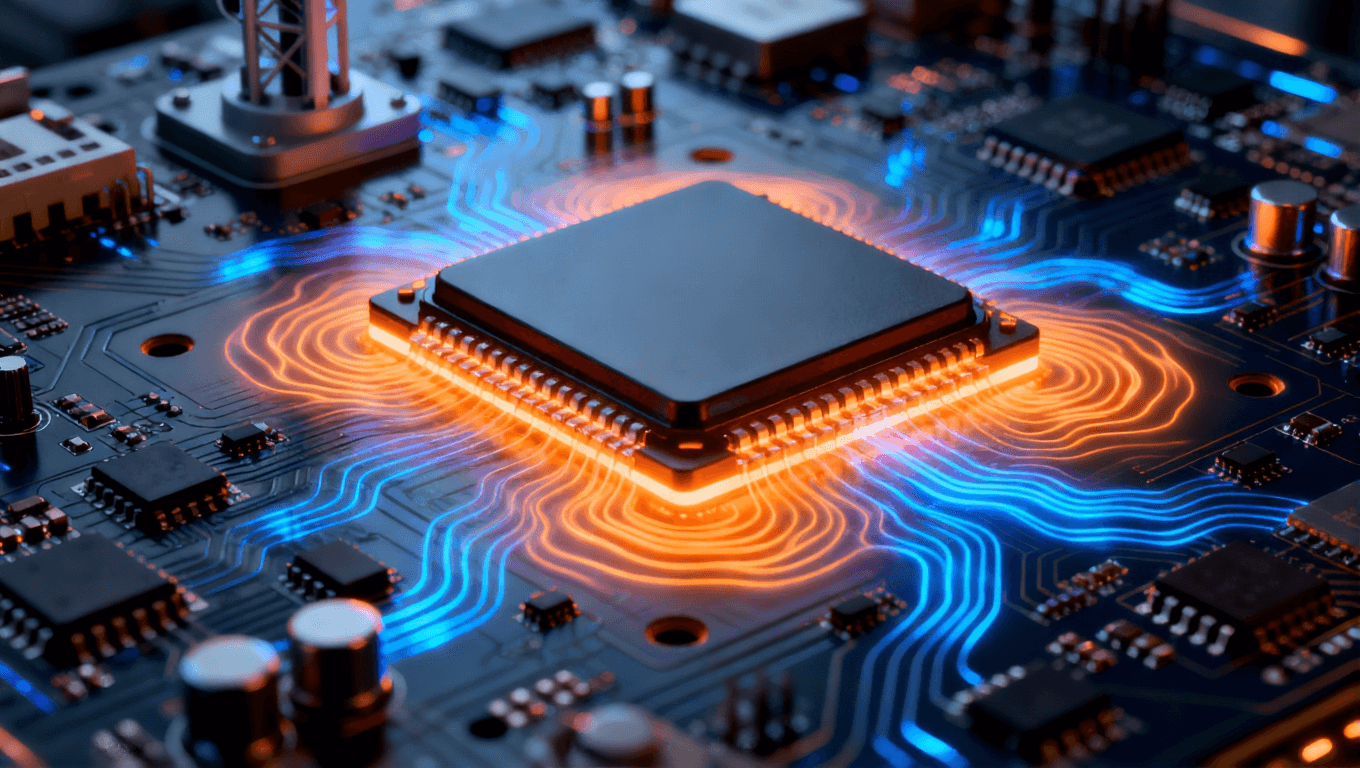 5G通信基站，安装高功率组件的电路板，动态热流图案，橙蓝色热管理光效