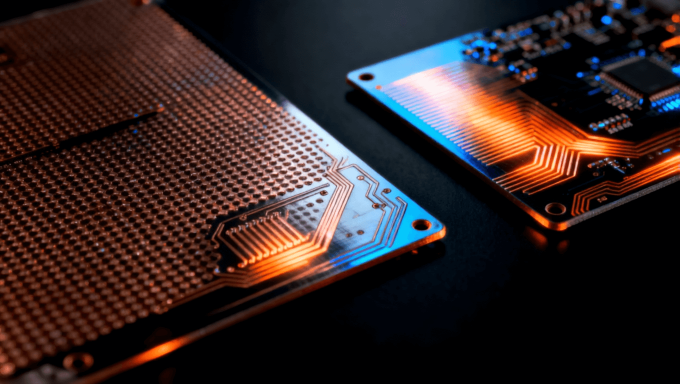 罗杰斯RO4003C与RO4350B电路板特写，金属光泽，精细铜线与热散发图案，橙蓝微光效果