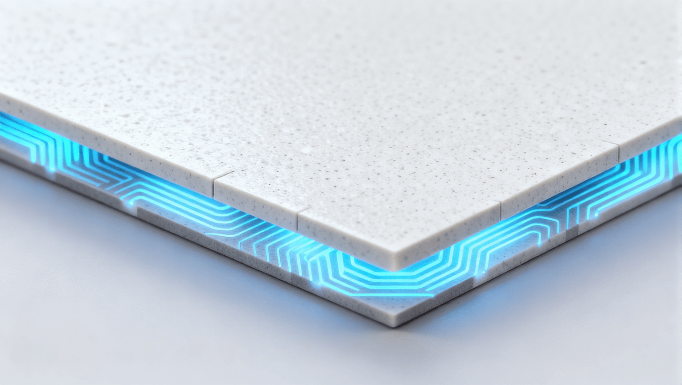 高端陶瓷电路板材料，细腻质感，轻微发光，白色与灰色调，精准切割边缘，蓝色散热图案