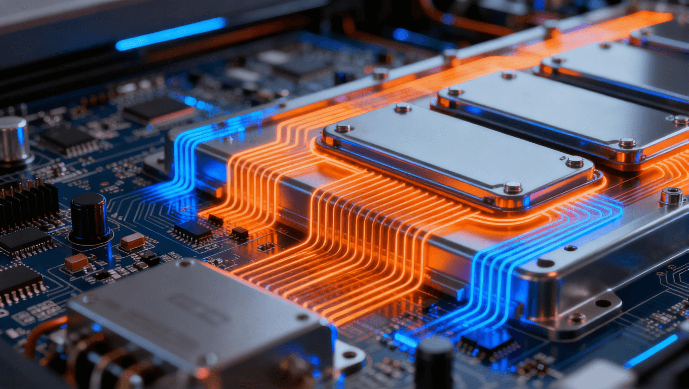 电动汽车电池管理模块，先进电路板技术，电池单元与逆变器电路特写，热散发效果