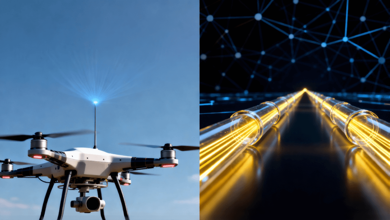 无人机同时使用射频和光通信链路的抽象示意图 无人机同时使用射频和光通信链路的抽象示意图