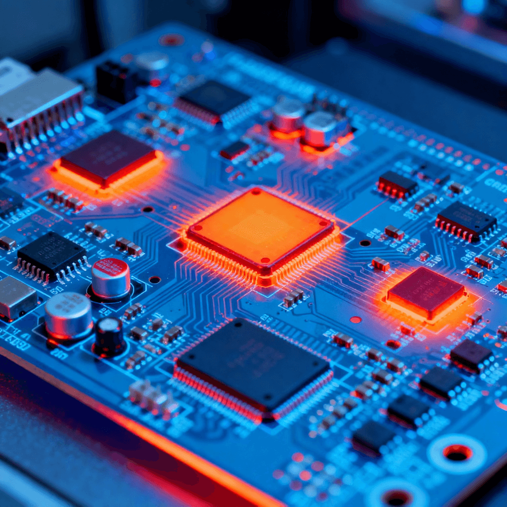 电路板可靠性测试热成像图,显示高温工作状态下的热量分布 电路板可靠性测试热成像图,显示高温工作状态下的热量分布