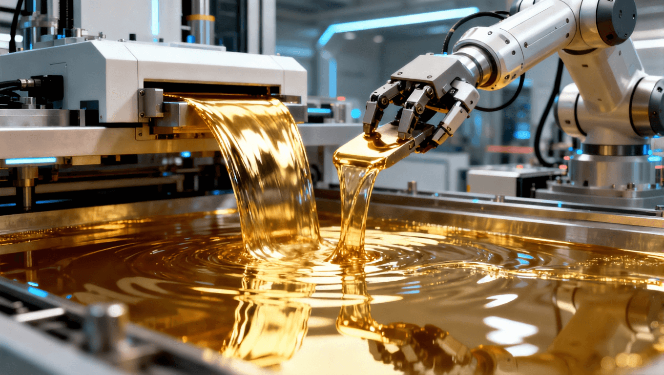 未来高科技的PCB镀镍金工艺，展示无氰镀金技术与自动化生产线，机器人臂操作现代化设备