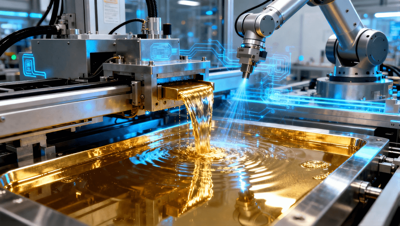 展示无氰镀金工艺设备与自动化生产线，体现先进的生产技术与高效操作