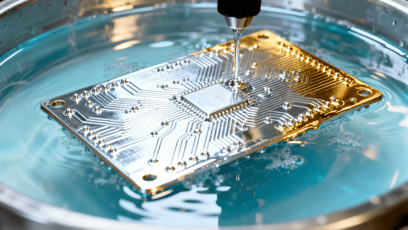 电路板镀镍金过程中的细节，显示镀层的均匀性与光泽