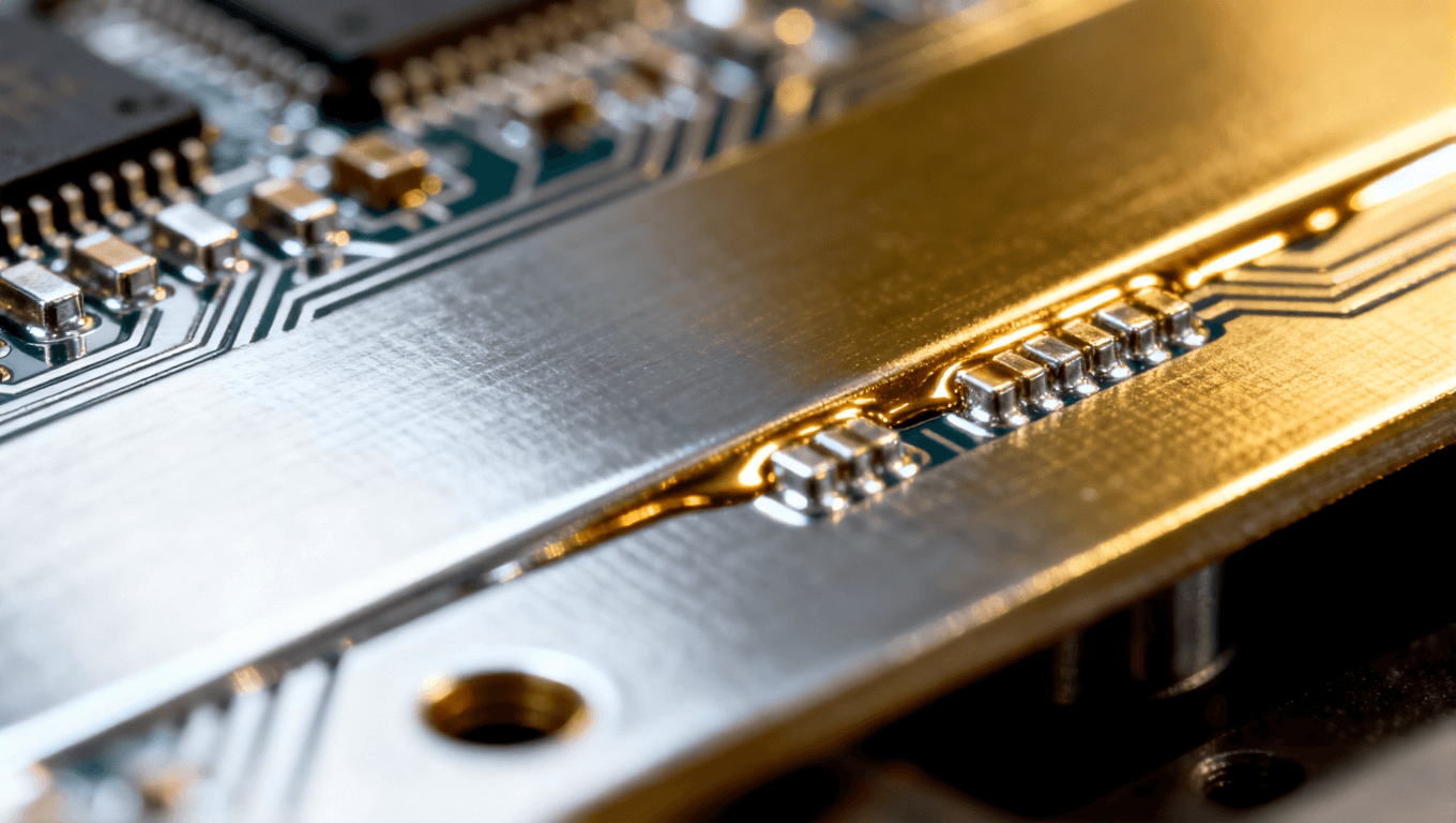 精密电路板表面处理，展示镍金镀层沉积的细节，体现专业制造环境中的光亮金属质感