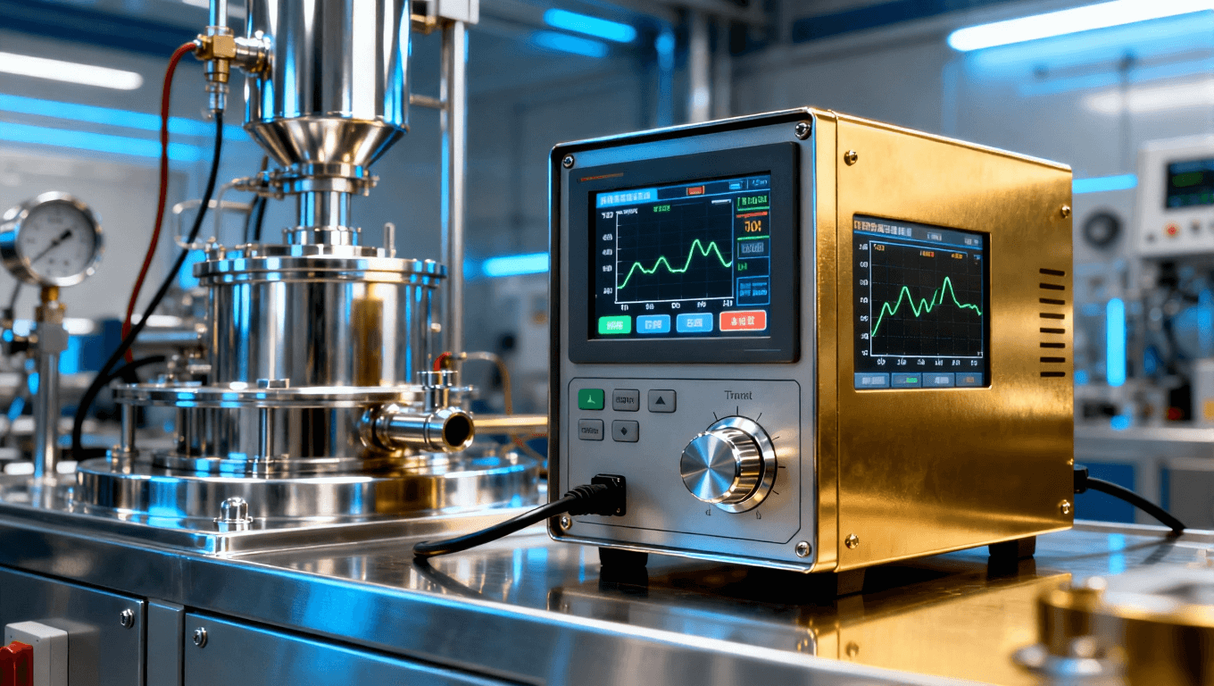 展示镀镍金工艺中温控设备和电流监测仪器，体现精准调节和高科技设备