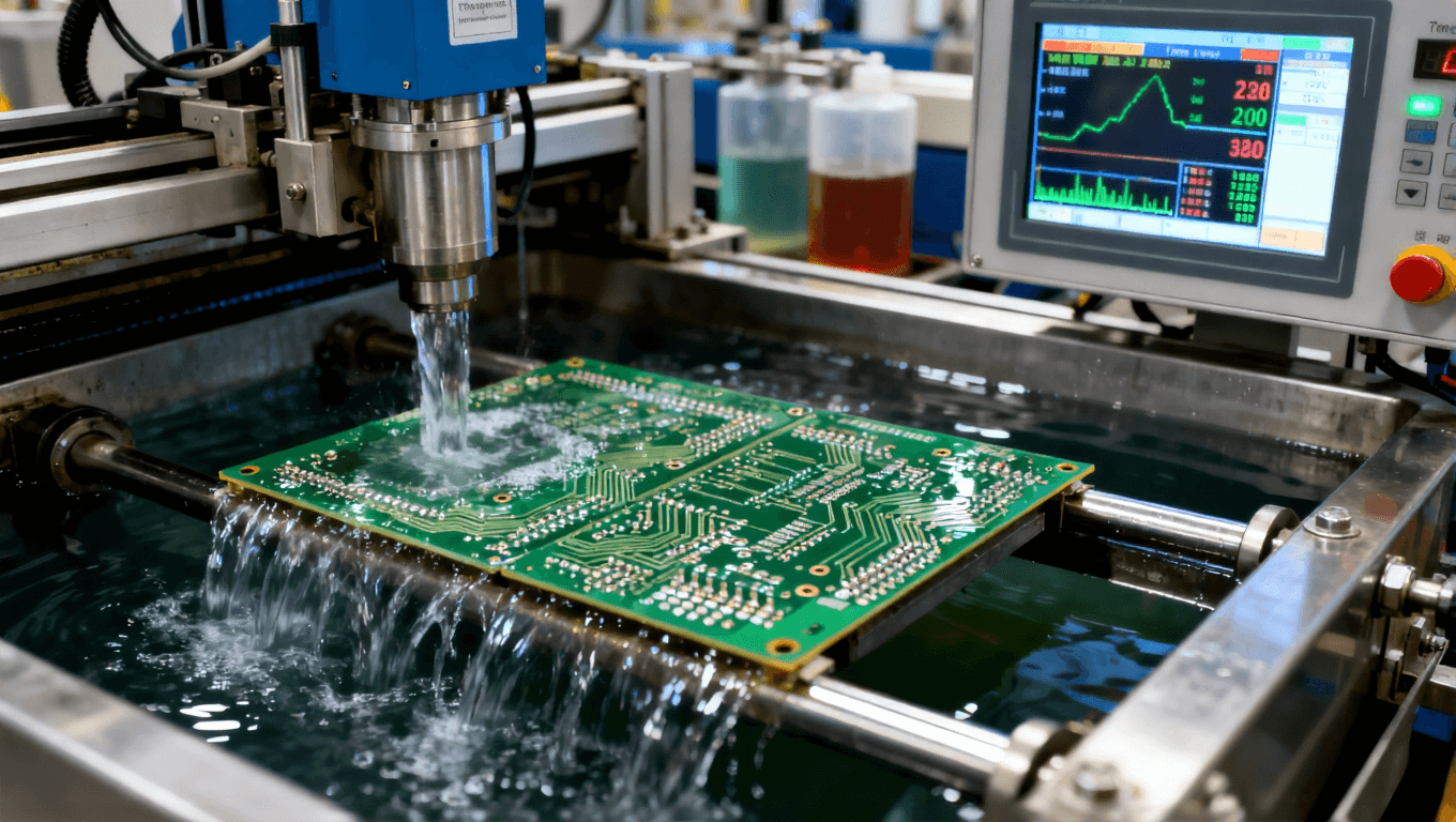 高精度设备与液体控制，展示电路板镀镍金工艺的严谨控制