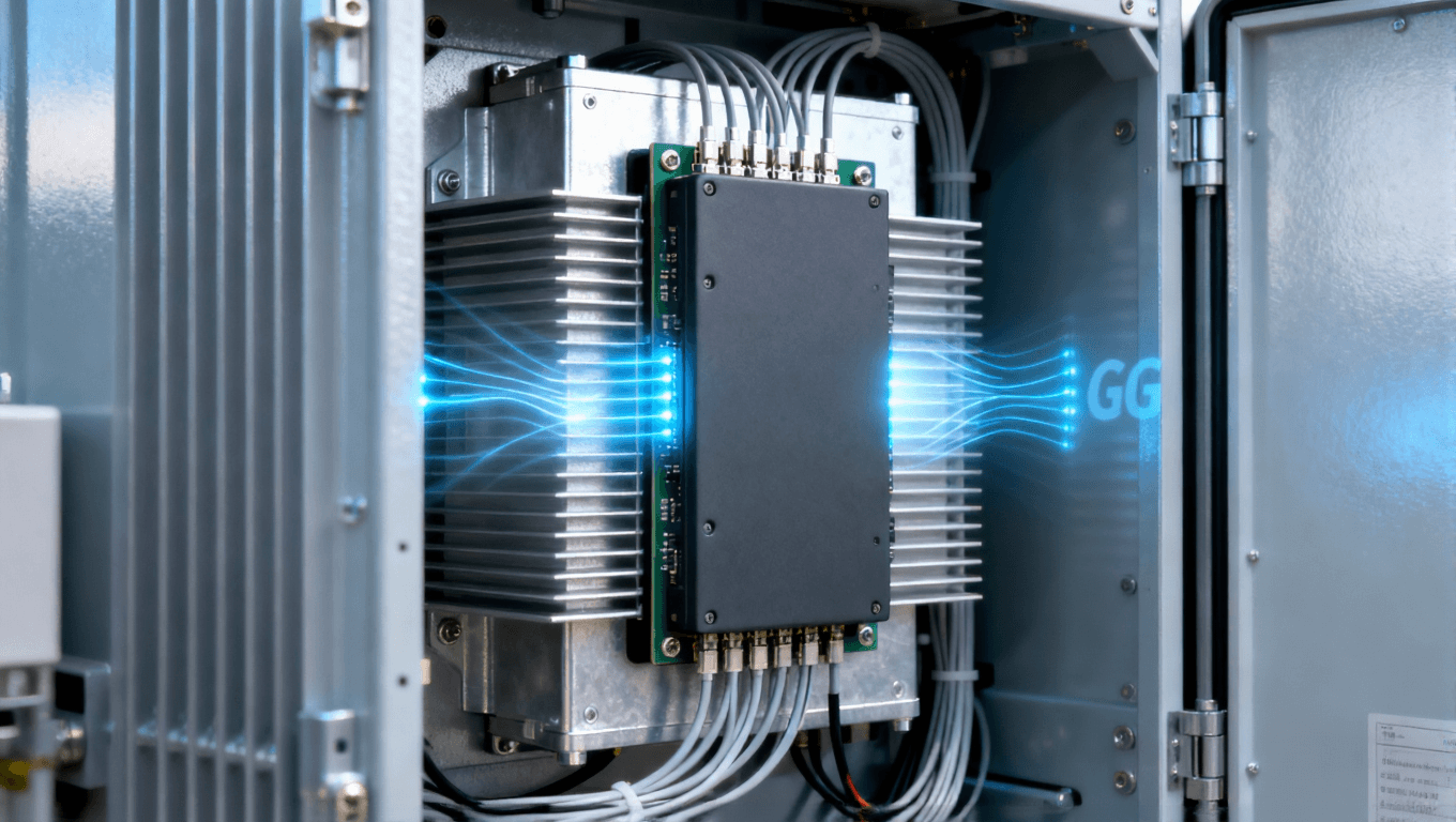 5G 基站 AAU 内部 阻抗控制板与散热片特写 5G 基站 AAU 内部 阻抗控制板与散热片特写