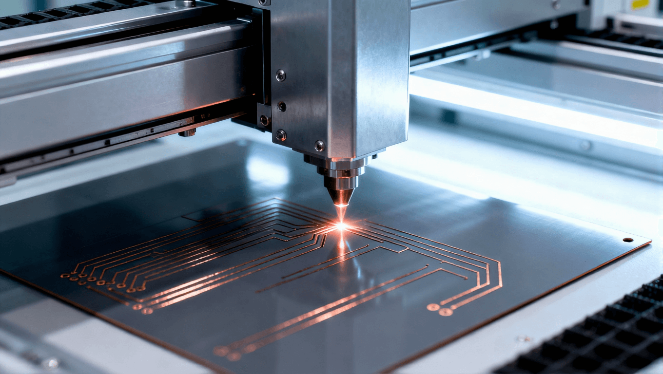 无尘车间内 激光束蚀刻 PCB 板走线的工业场景 无尘车间内 激光束蚀刻 PCB 板走线的工业场景