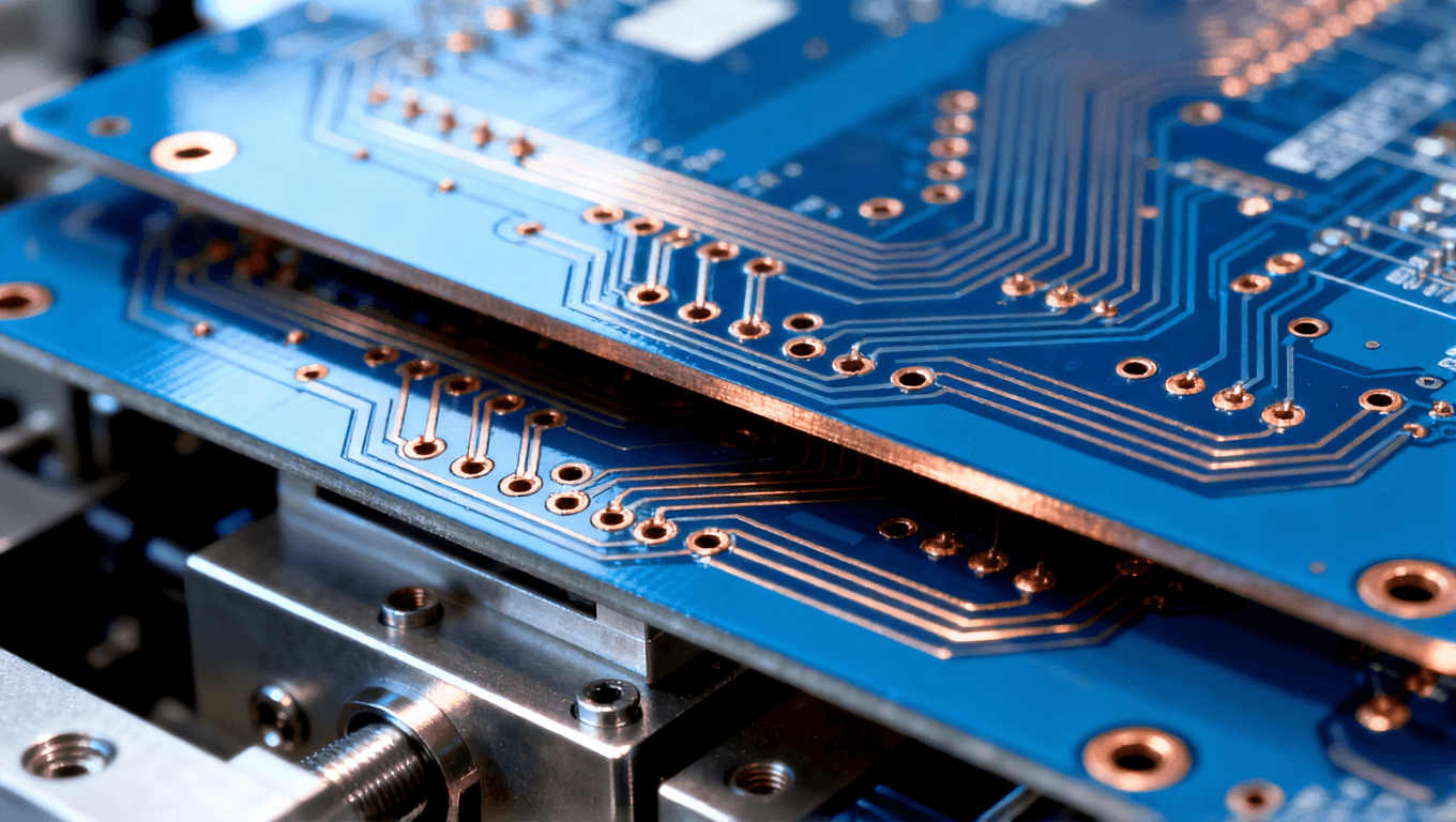 高精度PCB,展示复杂的铜镀层和层间连接,突显制造过程中的精密细节 高精度PCB,展示复杂的铜镀层和层间连接,突显制造过程中的精密细节