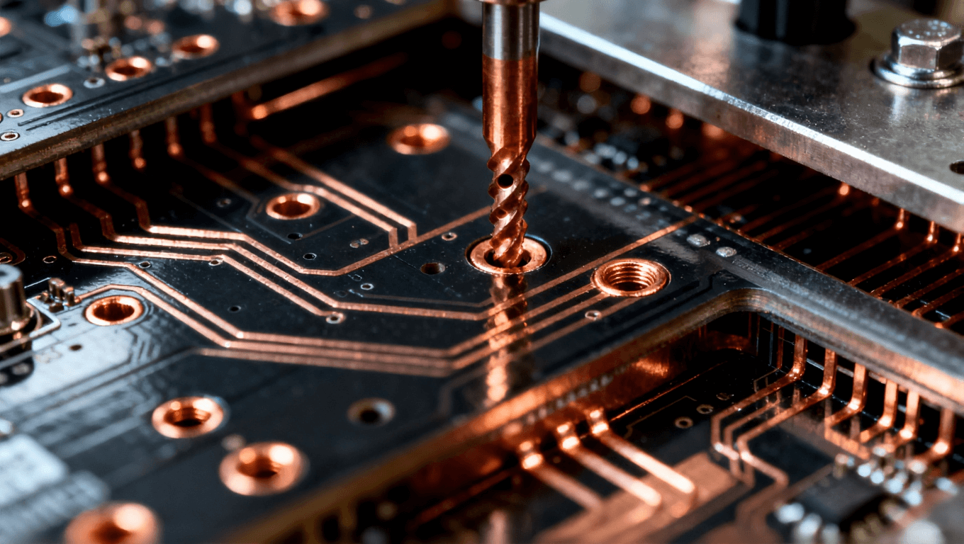 多层PCB的详细视图,展示铜层连接和钻孔,突出层间复杂的导电连接 多层PCB的详细视图,展示铜层连接和钻孔,突出层间复杂的导电连接